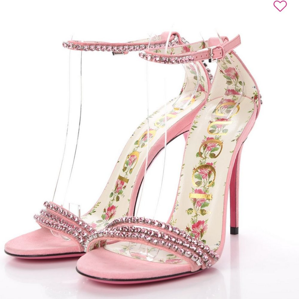 Authentic Gucci Light Pink Isle Crystal Embellished Suede Sandals